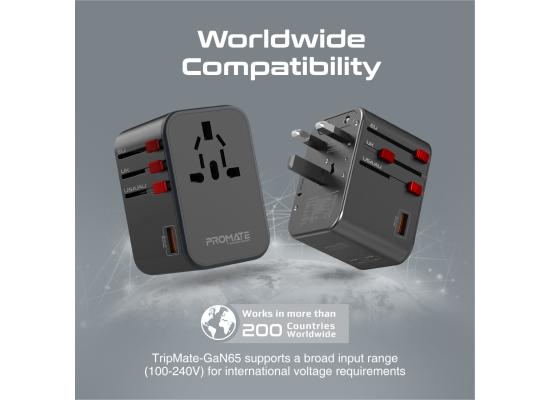 Promate TripMate-GaN65 Travel Adapter with GaN Charge, AC Socket, Dual 65W USB-C PD and 30W QC 3.0 Ports